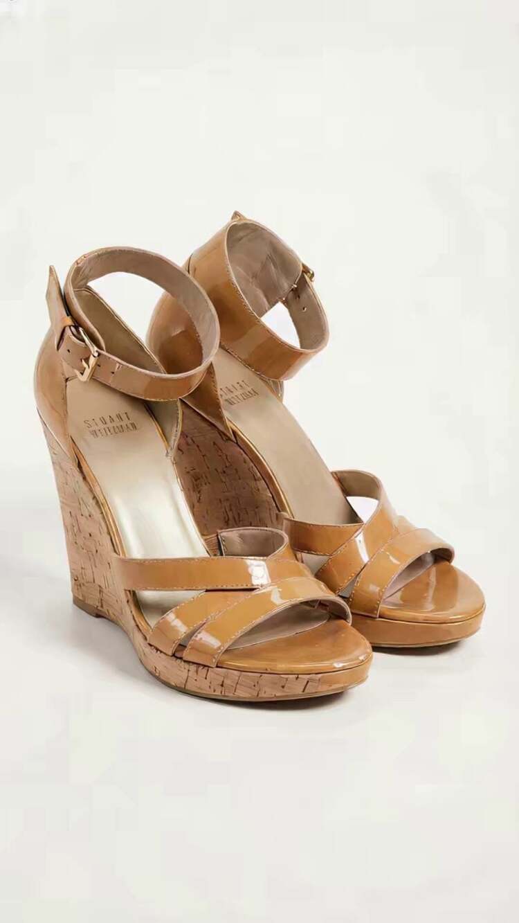 Stuart Weitzman Tan Patent Leather Ankle Strap Cork Wedge Sandals